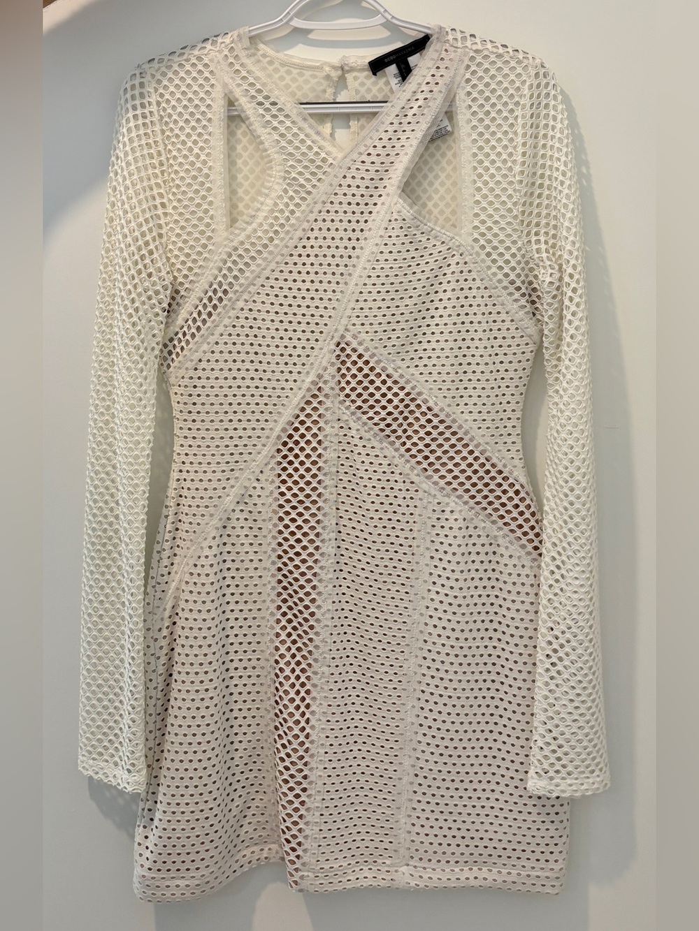 BCBG MAX AZRIA White Open-Knit Long Sleeve Mini Dress
